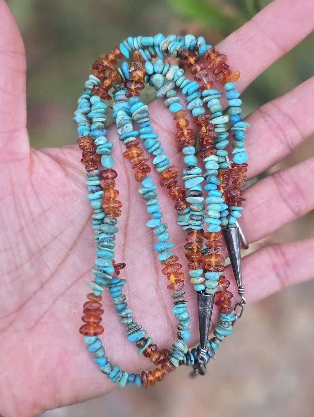 Southwestern double strand turquoise and amber 925 sterling silver necklace